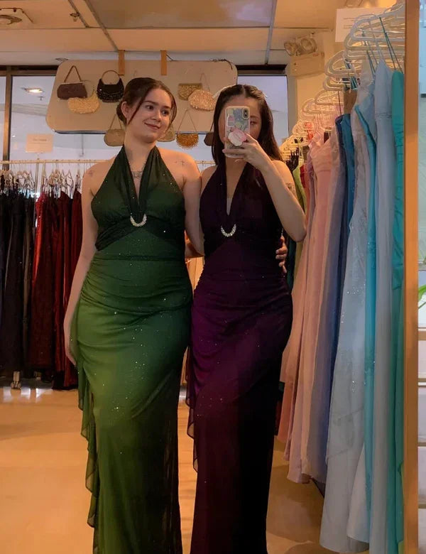 Abito lungo da sera verde ombra in chiffon con collo all'americana, abito da ballo scintillante Y7481