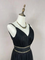 Splendido abito da sera nero in tulle con piume d'oro in seta a linea ad A, abito formale da ballo Y8652