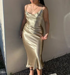 Vestito da sera aderente retrò in raso con bretelle sexy per donna, schiena scoperta, abito da festa Y4133