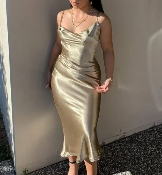 Vestito da sera aderente retrò in raso con bretelle sexy per donna, schiena scoperta, abito da festa Y4133