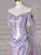 Abito da sera lilla con paillettes, tulle perline, spacco da sirena, scollo a barca, applicazioni in tulle, abito da ballo Y8632
