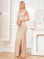 Women Elegant V-Neck Sequins Evening Dress Luxury Slit Beading Formal Maxi Long Prom Cocktail Wedding Party Dress Gowns