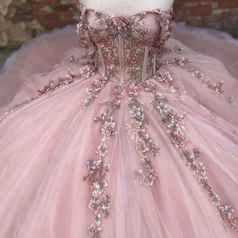 Abito da ballo con applicazioni floreali in tulle rosa Abito per sedicesimo compleanno Y527