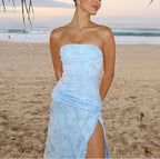 Chic Blue Strapless Satin Print Floral Long Prom Dress Sheath Slit Evening Dress Y8152