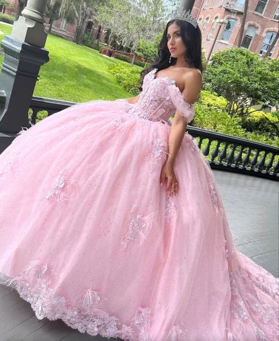 Vestido rosa de tul con hombros descubiertos, vestido de quince años Y2610