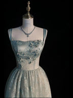 Vestido de Festa Longo em Tule Verde-Sálvia Encantador com Renda, Modelo Linha A, Vestido de Noite Y7544