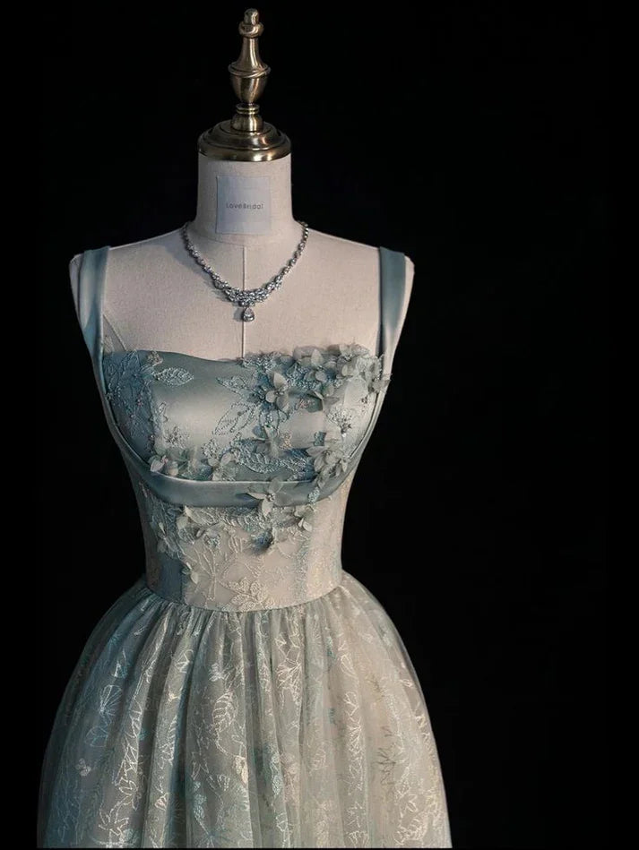 Vestido de Festa Longo em Tule Verde-Sálvia Encantador com Renda, Modelo Linha A, Vestido de Noite Y7544