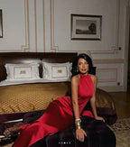 Vestido de noite formal vermelho encantador, justo, sem mangas, em cetim, para baile Y8209