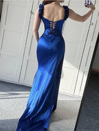 Abito da sera sirena blu con spalle scoperte, abito formale per ballo Y7842