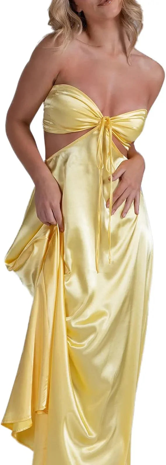 Abito lungo da sera avvolgente da donna, tinta unita, con scollo a cuore traforato, legatura, senza spalline e senza schiena, abito da cocktail per festa, senza maniche Y4673