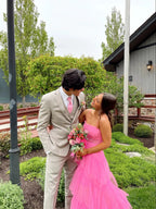 Elegante abito lungo da sera con schiena scoperta e strati di tulle rosa acceso, abito formale da ballo di fine corso in tulle rosa acceso Y2114