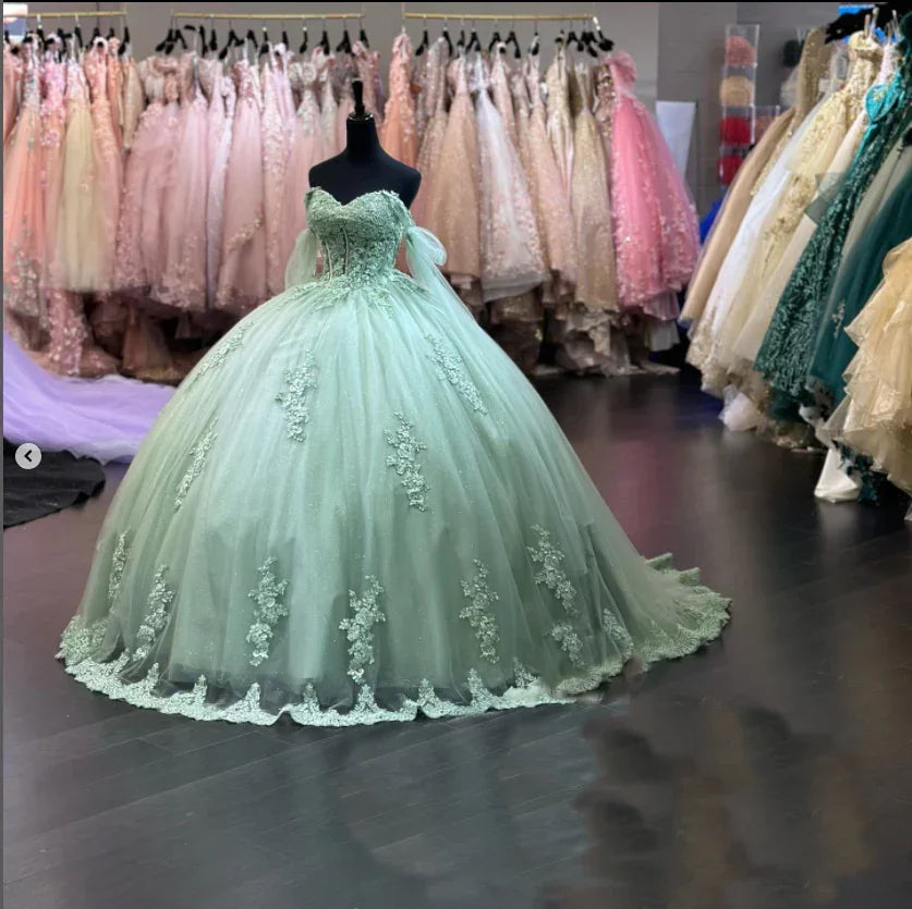 Robes de quinceañera vert sauge en dentelle à épaules dénudées pour fête d'anniversaire de seize ans, robe de bal vert sauge, Y2421