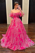 Vestido de baile sin tirantes de encaje floral rosa intenso con mangas abullonadas Y5981