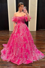 Vestido de baile sin tirantes de encaje floral rosa intenso con mangas abullonadas Y5981