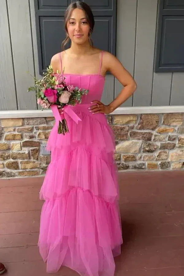 Elegante abito lungo da sera a balze in tulle rosa acceso a linea ad A Y1594