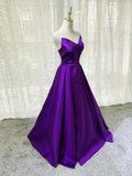 Vestido de noite formal simples roxo cetim, corte em linha A, comprimento até ao chão Y869