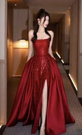 Bellissimo Abito Lungo da Sera Rosso con Paillettes, Scollo Senza Spalline a Sirena, Abito da Ballo Y8275