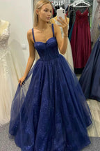 Abito da sera blu in tulle lungo fino al pavimento, abito da sera blu a linea ad A Y1392