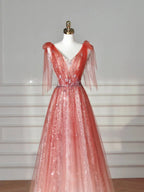Abito da sera lungo a linea A con scollo a V elegante, tulle e paillettes, rosa fragola Y8614