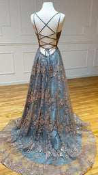 Abito lungo da sera con scollo a V a linea ad A, tulle e paillettes, senza schienale, abito lungo da ballo Y5620