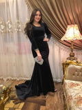 Elegante abito da sera nero a sirena con maniche lunghe, abito da sera nero Y5661