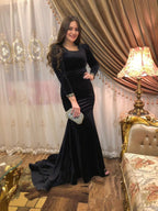 Elegante abito da sera nero a sirena con maniche lunghe, abito da sera nero Y5661