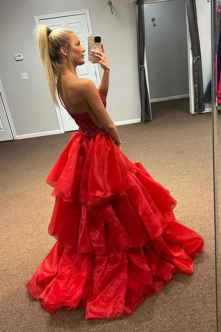Abito lungo da sera formale rosso con spalla scoperta, coda di sirena, spacco e paillettes Y7884