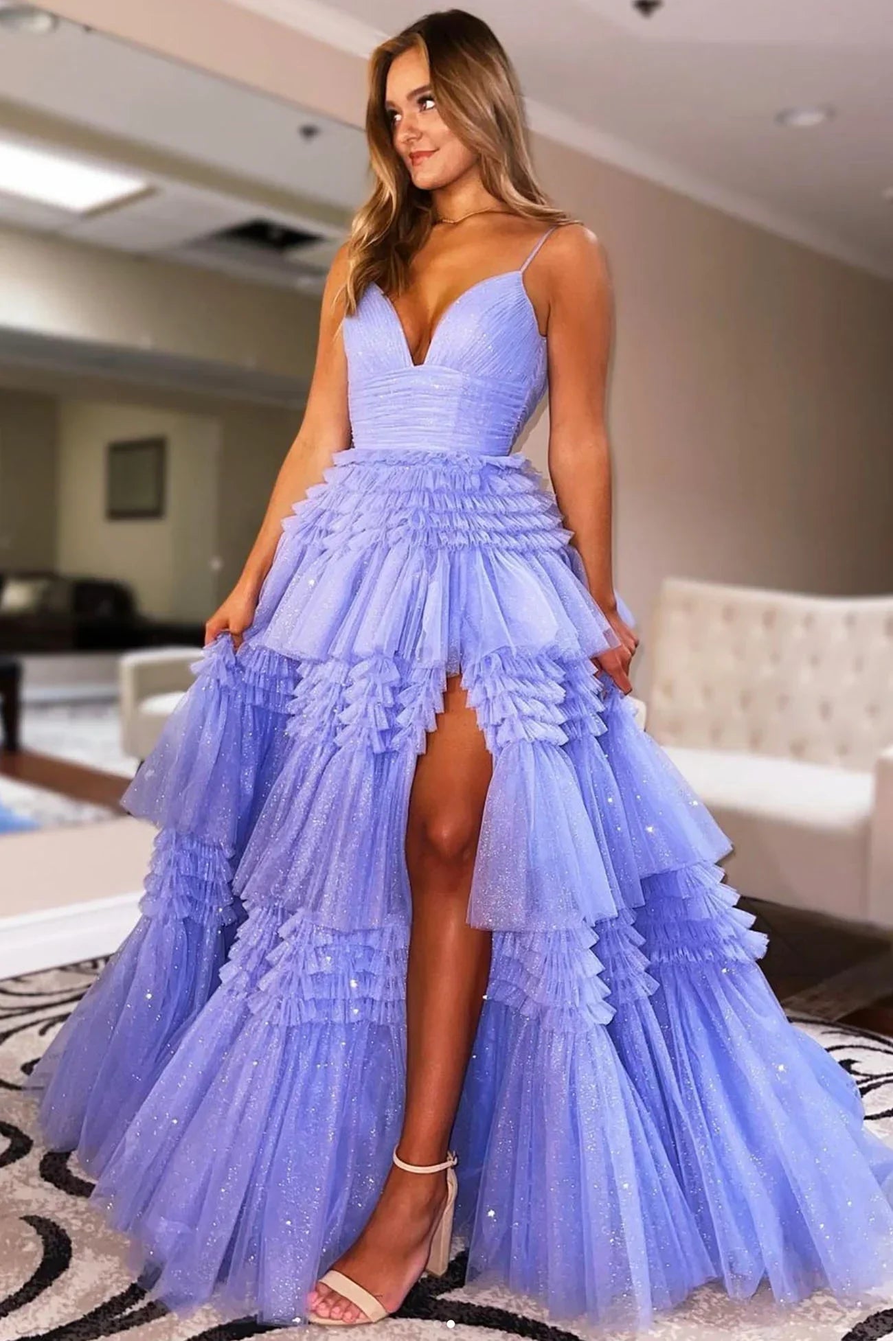 Vestido de baile longo em tule roxo, corte evasê, decote em V, vestido de noite com racha Y1687