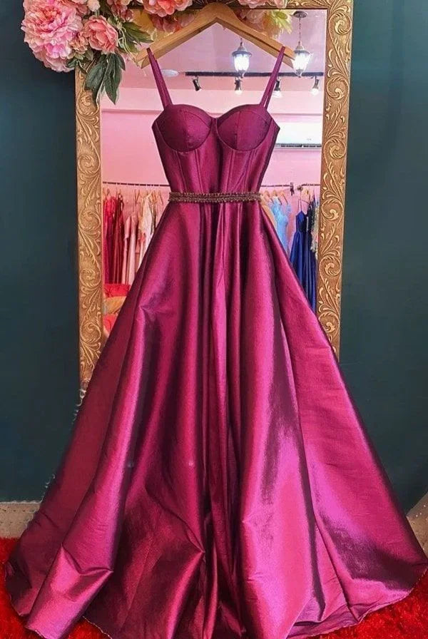 Robes longues de bal en satin à bretelles en ligne A Y5016