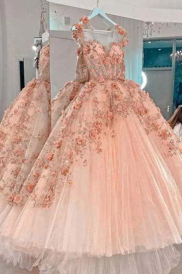 Abito a sfera con applicazioni di fiori rosa cipria, abiti da sera in tulle a linea ad A, abiti per quinceañera Y388