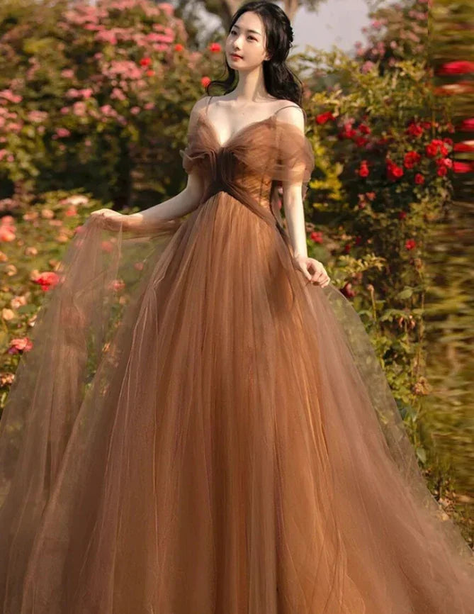 Belle robe longue de soirée en tulle à bretelles, coupe trapèze, robe de fête en tulle Y4643