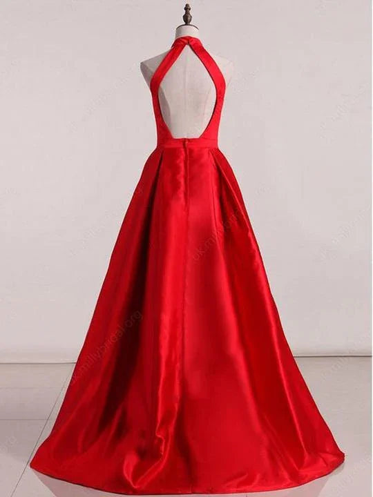 Vestidos de Festa de Cetim com Alças ao Pescoço, Sem Mangas, Costas Descobertas, Corte em A Y941