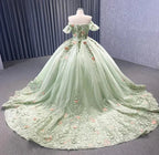 Robe de bal verte matcha à épaules dénudées avec appliques florales, dos à lacets scintillants, pour quinceañera, concours, occasion spéciale, gala Y2190