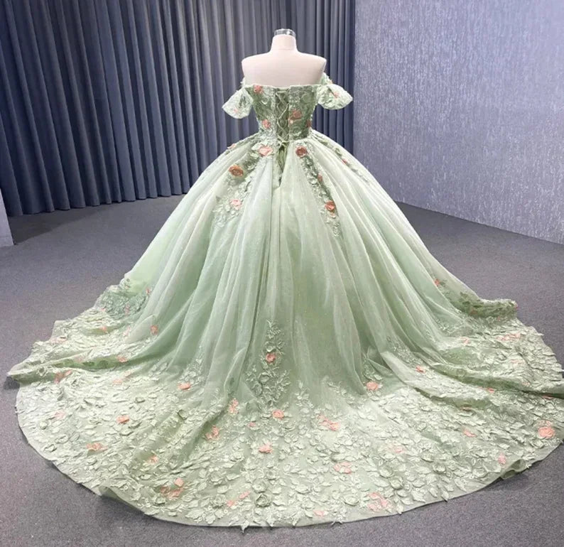 Robe de bal verte matcha à épaules dénudées avec appliques florales, dos à lacets scintillants, pour quinceañera, concours, occasion spéciale, gala Y2190