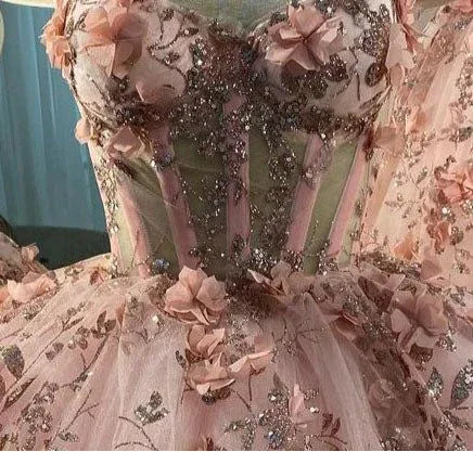 Abito a sfera con applicazioni di fiori rosa cipria, abiti da sera in tulle a linea ad A, abiti per quinceañera Y388