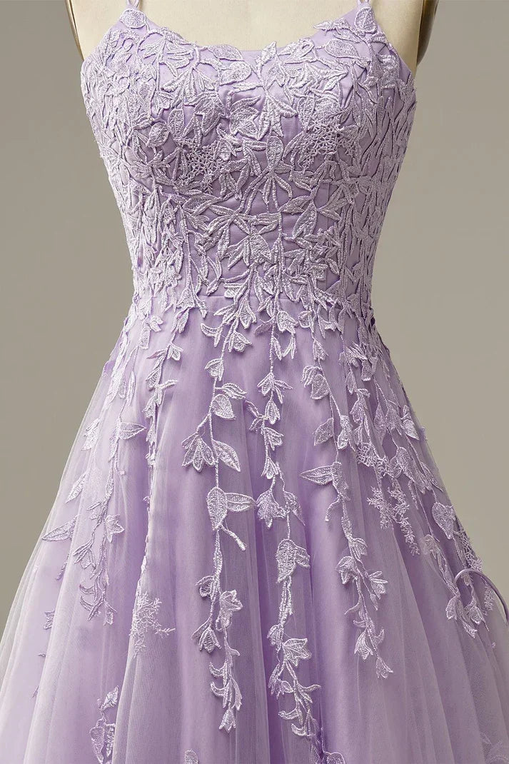 Abiti da sera eleganti color lavanda a linea con applicazioni per feste Vestito da sera Y1129