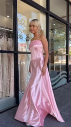 Abito da sera formale sirena rosa in raso senza spalline con perline Y7866
