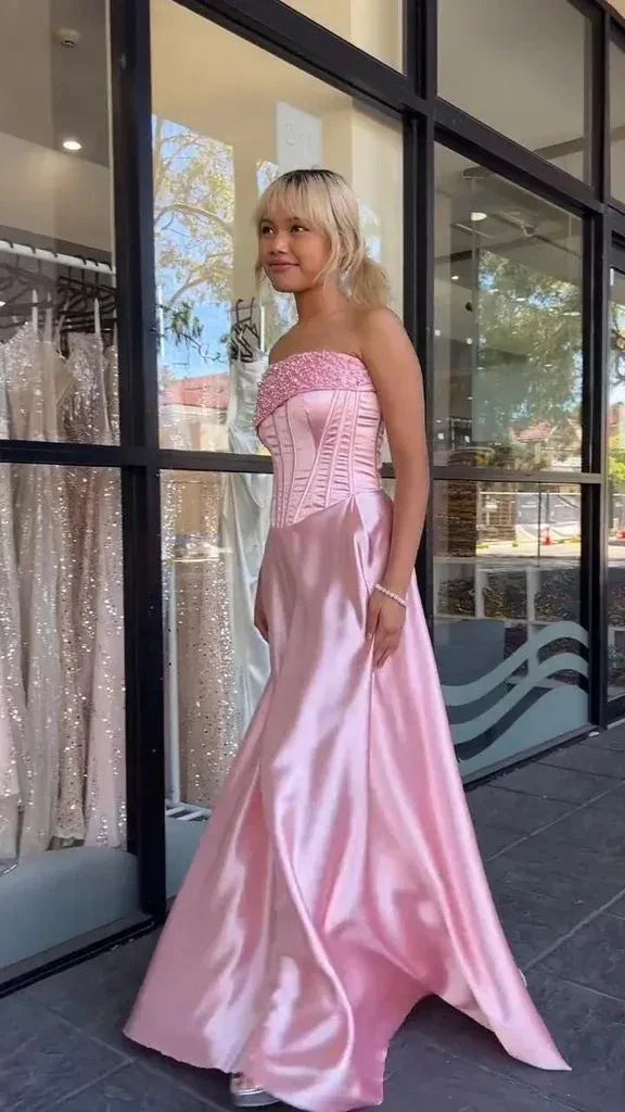 Abito da sera formale sirena rosa in raso senza spalline con perline Y7866