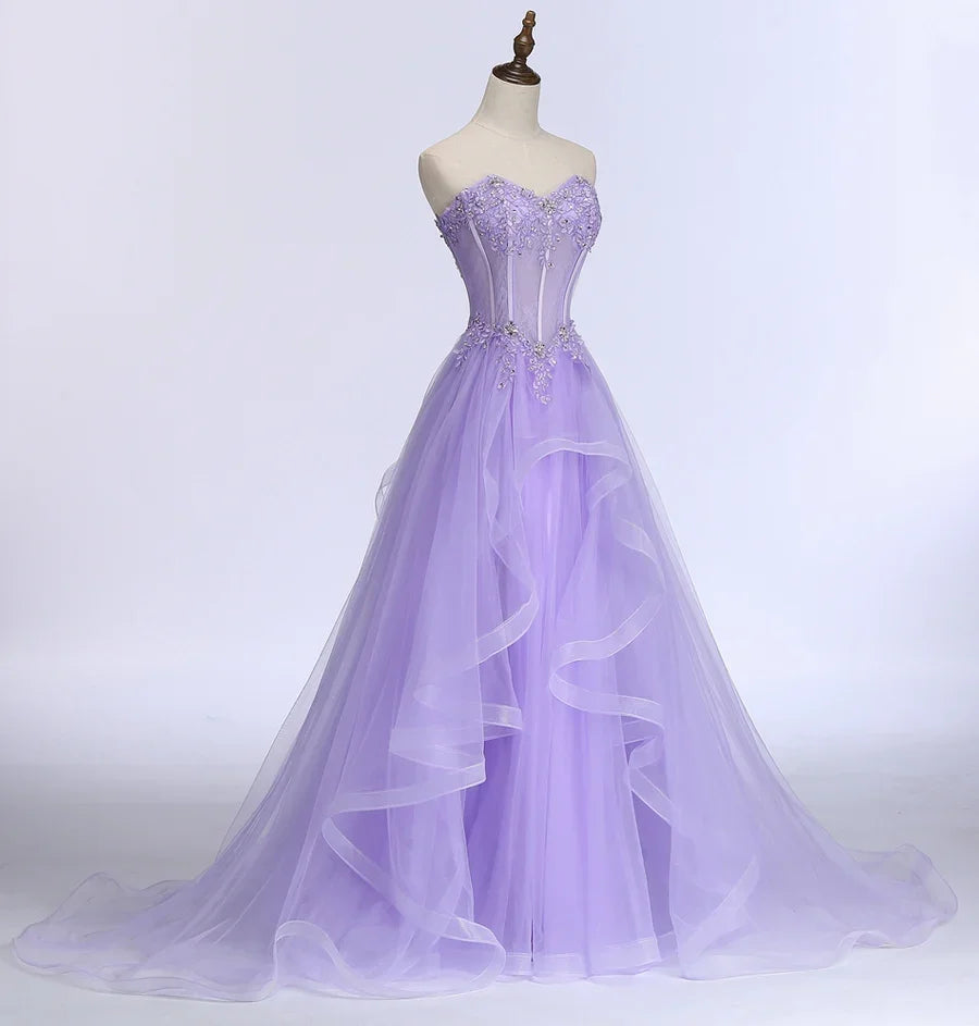 Novo Vestido Longo de Noite Roxo Claro com Renda Doce Banquete A Noiva Elegante Sem Alças Corte em A para Baile Festa Formal Y1845