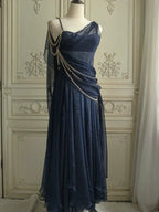 Robe de bal vintage bleu marine en mousseline coupe trapèze robe de soirée Y8292