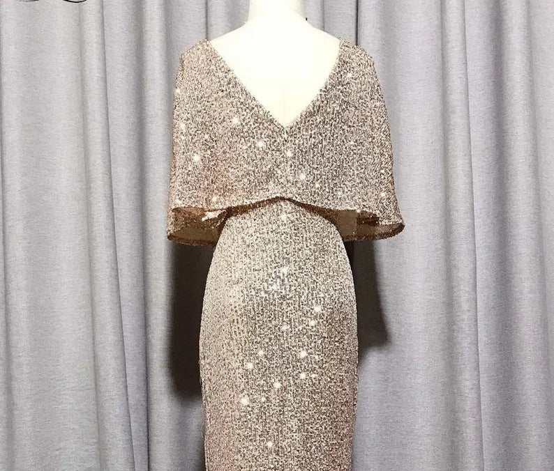 Abito da sera con scollo a V sexy e maniche corte a sirena, elegante abito da festa formale con maniche a pipistrello scintillanti Y1390