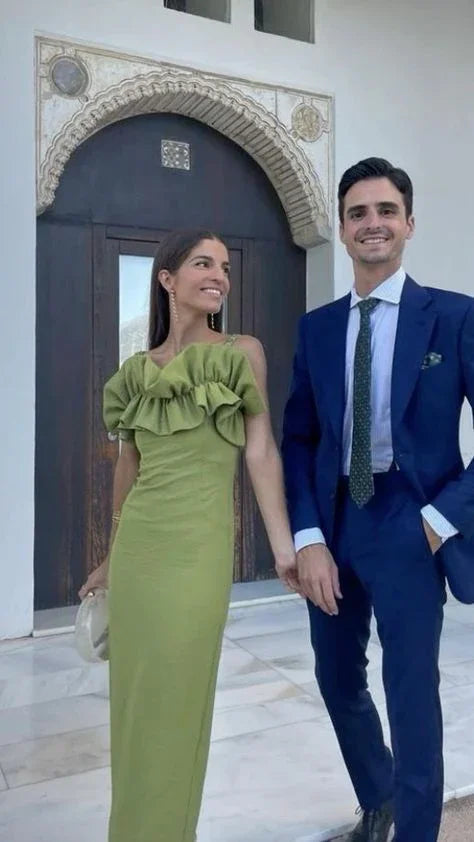 Abito lungo da sera a tubo con collo arricciato verde vintage per ballo Y8398