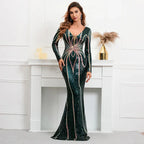 Abito lungo verde con paillettes elastiche, maniche lunghe, scollo a V, modello sirena, da sera e festa