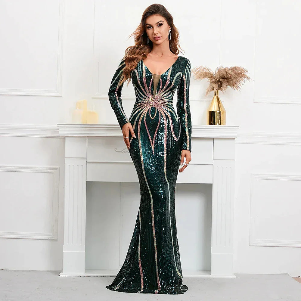 Abito lungo verde con paillettes elastiche, maniche lunghe, scollo a V, modello sirena, da sera e festa