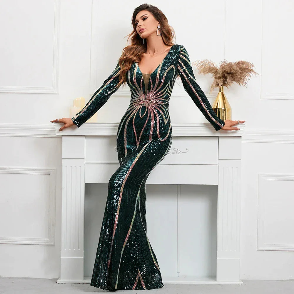 Abito lungo verde con paillettes elastiche, maniche lunghe, scollo a V, modello sirena, da sera e festa