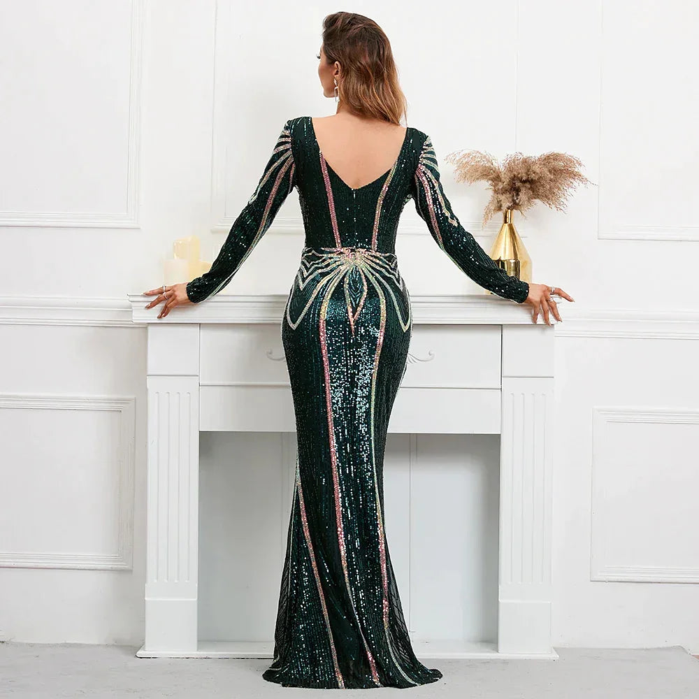 Abito lungo verde con paillettes elastiche, maniche lunghe, scollo a V, modello sirena, da sera e festa