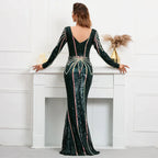 Abito lungo verde con paillettes elastiche, maniche lunghe, scollo a V, modello sirena, da sera e festa