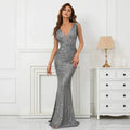 Abito da donna con perline Abito lungo da sera con scollo a V profondo Grigio con paillettes Abito da sera sexy da festa lungo 19320