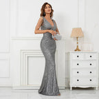 Abito da donna con perline Abito lungo da sera con scollo a V profondo Grigio con paillettes Abito da sera sexy da festa lungo 19320