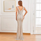 Abito da donna con perline Abito lungo da sera Abito da ballo con scollo a V profondo Abito da sera argento con paillettes Abito lungo sexy da festa 18691